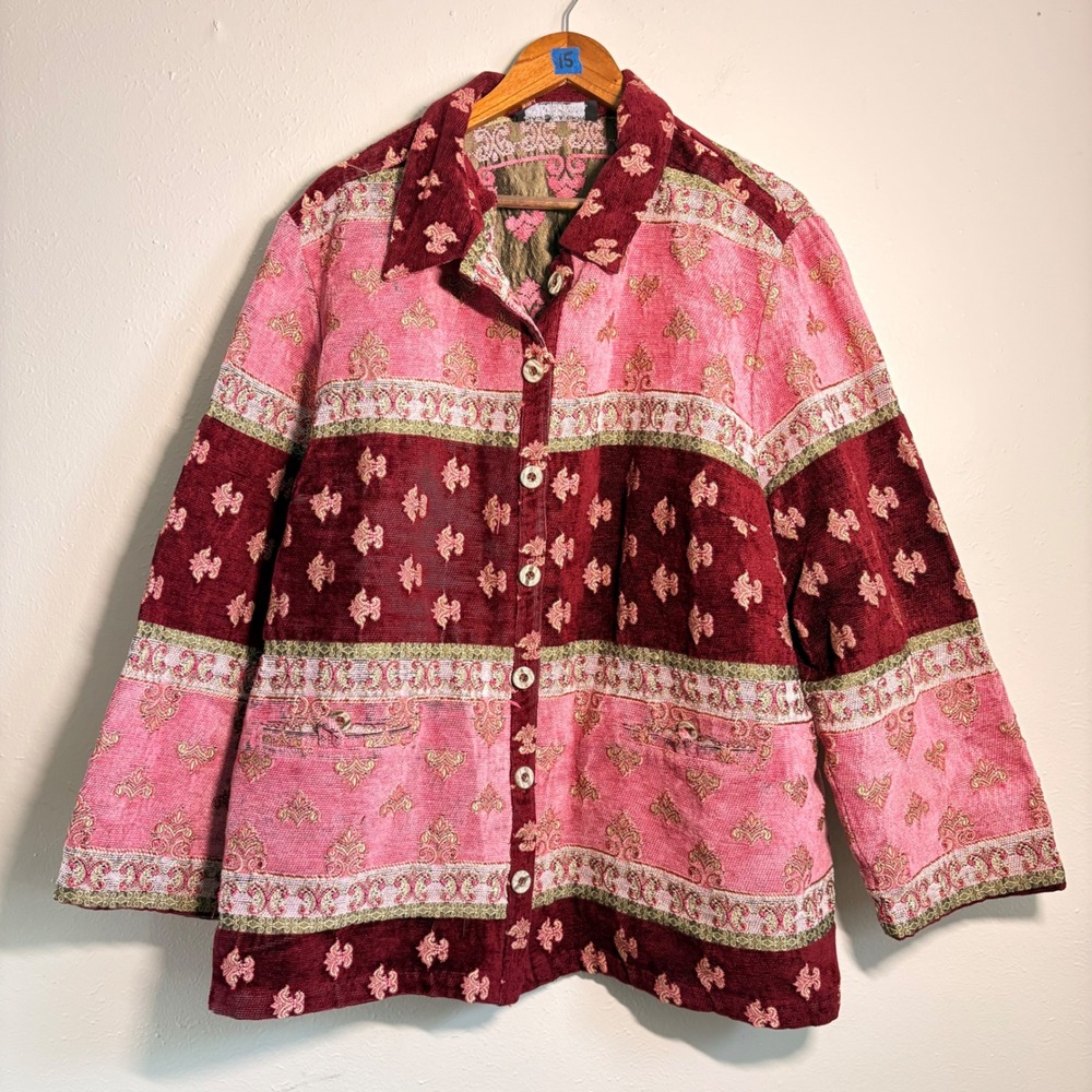 Sag Harbor Woman XL Chenille Artsy Mixed Media Jacket Pink Burgundy Tapestry